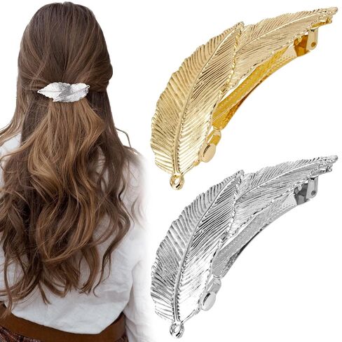 HINZIC 2Pcs Vintage Leaf Hair Clip Barrettes Alloy Feather Hair Clips Silver Gold Metal Head French Clips Combs Valentines Wedding Prom Hair Accessories for Women Girls Thick Long Hair in Kuwait