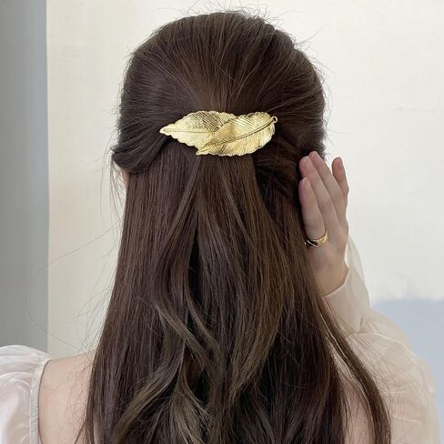 HINZIC 2Pcs Vintage Leaf Hair Clip Barrettes Alloy Feather Hair Clips Silver Gold Metal Head French Clips Combs Valentines Wedding Prom Hair Accessories for Women Girls Thick Long Hair in Kuwait