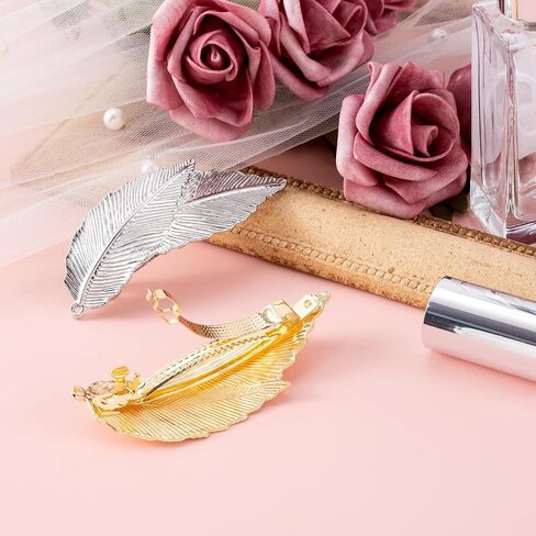 HINZIC 2Pcs Vintage Leaf Hair Clip Barrettes Alloy Feather Hair Clips Silver Gold Metal Head French Clips Combs Valentines Wedding Prom Hair Accessories for Women Girls Thick Long Hair in Kuwait