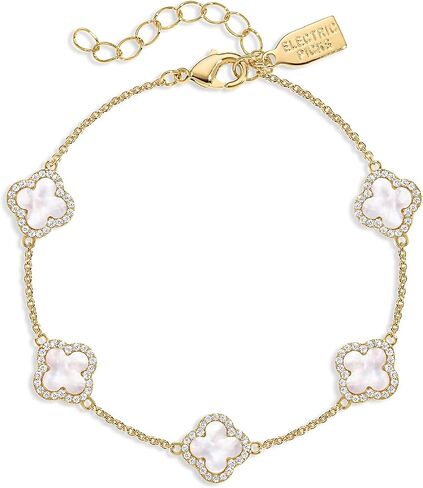 Electric Picks Mini Icon Bracelet for Women, White Mother of Pearl Clover on 14k Gold Plated Chain Bracelet, Adjustable 6"-7.5", Stackable Everyday Jewelry, Minimalist Gift in Saudi Arabia