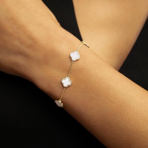 Electric Picks Mini Icon Bracelet for Women, White Mother of Pearl Clover on 14k Gold Plated Chain Bracelet, Adjustable 6"-7.5", Stackable Everyday Jewelry, Minimalist Gift in Saudi Arabia
