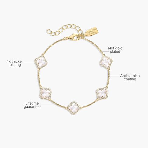 Electric Picks Mini Icon Bracelet for Women, White Mother of Pearl Clover on 14k Gold Plated Chain Bracelet, Adjustable 6"-7.5", Stackable Everyday Jewelry, Minimalist Gift in Saudi Arabia
