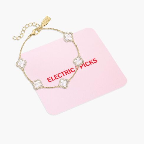 Electric Picks Mini Icon Bracelet for Women, White Mother of Pearl Clover on 14k Gold Plated Chain Bracelet, Adjustable 6"-7.5", Stackable Everyday Jewelry, Minimalist Gift in Saudi Arabia