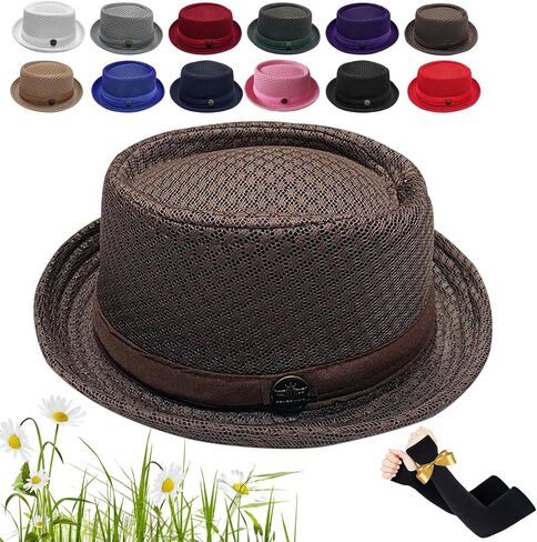 Unisex Summer Breathable Mesh Pork Pie Hat, Summer Lightweight Packable Sun Protection Beach Casual Outdoor Cap in Kuwait