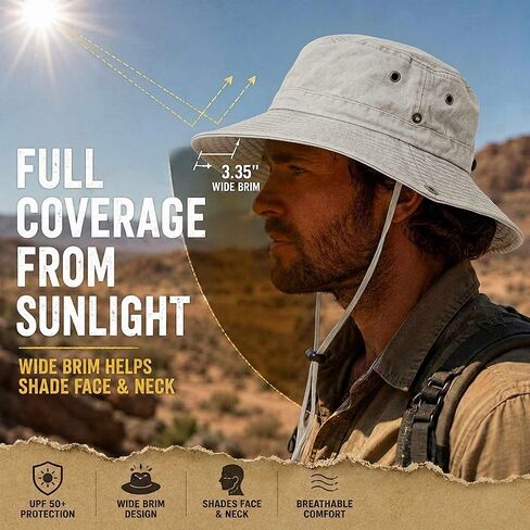 Wildarms Washed Cotton Bucket Hat with Chin Strap, Foldable Sun Hat for Men Women, Breathable Safari Boonie Cap in Kuwait