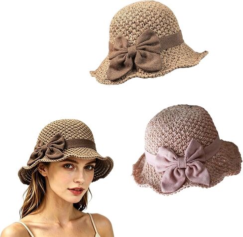 Foldable Straw Hat for Women,Elegant Woven Straw Sun Hat with Bow,Womens Straw Bucket Foldable Wide Brim Floppy Beach in Kuwait