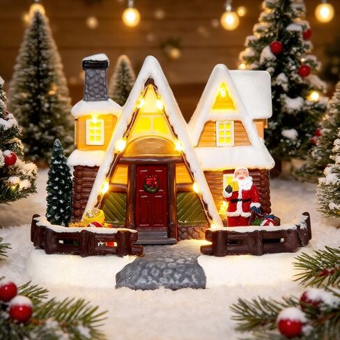 LED Lighted Village House, 6.9 Inch Triangular Christmas Village House Decoration with Santa Claus Statue, Xmas Collectible Buildings for Holiday Decor for Home, Ballroom Display and Desktop in Saudi Arabia