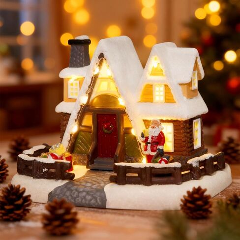 LED Lighted Village House, 6.9 Inch Triangular Christmas Village House Decoration with Santa Claus Statue, Xmas Collectible Buildings for Holiday Decor for Home, Ballroom Display and Desktop in Saudi Arabia