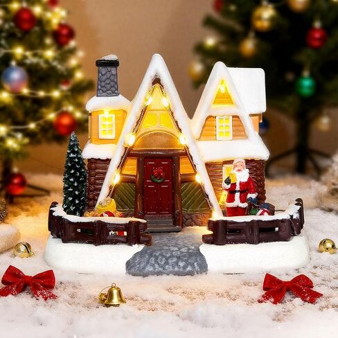 LED Lighted Village House, 6.9 Inch Triangular Christmas Village House Decoration with Santa Claus Statue, Xmas Collectible Buildings for Holiday Decor for Home, Ballroom Display and Desktop in Saudi Arabia