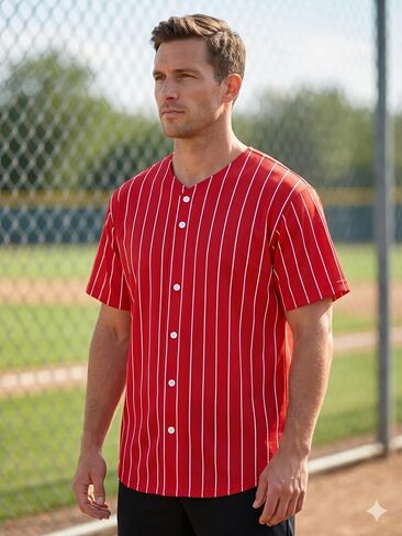 Vintage Pinstripe Baseball Jersey Red - Classic Heritage Sports Shirt - Retro V-Neck Button Down for Baseball Fans in Kuwait