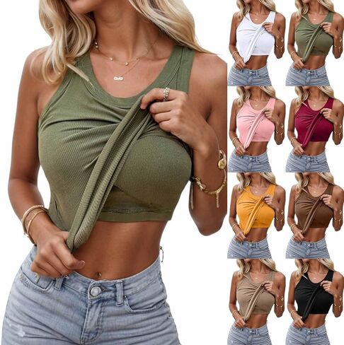 Tank Tops with Built in Bras Workout Women Ribbed Top Knit Sleeveless Camisole Basic Summer Scoop Neck Casual Shirts in Saudi Arabia