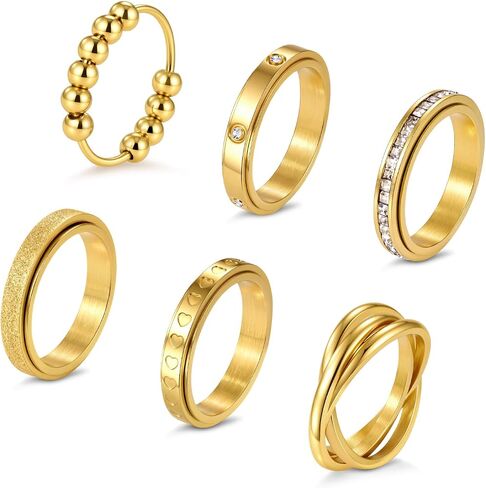4mm Fidget Rings for Anxiety Relief - 6PCS Stainless Steel Spinner Ring Set for Women Men Beads Cross Love Heart Glitter Sandblast Diamond Thin Stackable Rings Band 18K Gold Plated Stress Relief Jewelry Non Tarnish in Saudi Arabia