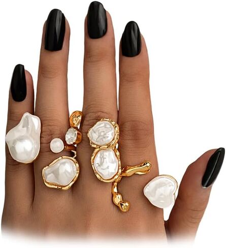 GIGB PBDK Chunky Gold Baroque Pearls Zircon Knuckle Rings Set for Women,Vintage Geometric Heart Pearl Stacked Joint Ring,Statement Party Jewelry Accessory Gifts in Kuwait