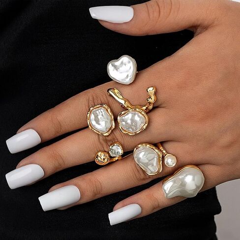 GIGB PBDK Chunky Gold Baroque Pearls Zircon Knuckle Rings Set for Women,Vintage Geometric Heart Pearl Stacked Joint Ring,Statement Party Jewelry Accessory Gifts in Kuwait