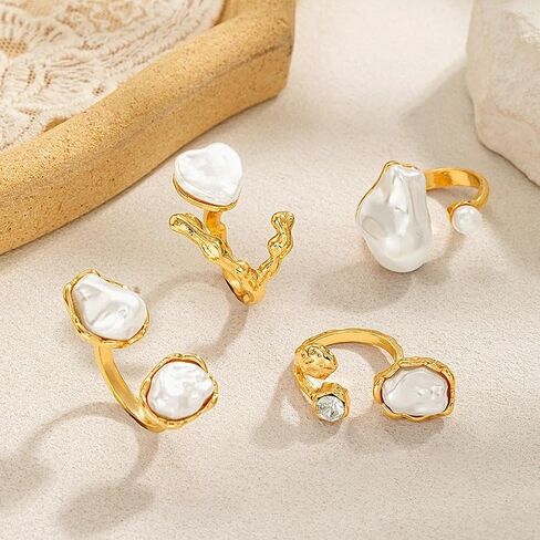 GIGB PBDK Chunky Gold Baroque Pearls Zircon Knuckle Rings Set for Women,Vintage Geometric Heart Pearl Stacked Joint Ring,Statement Party Jewelry Accessory Gifts in Kuwait