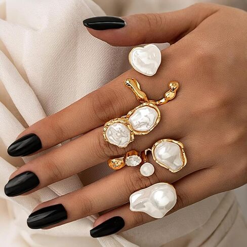 GIGB PBDK Chunky Gold Baroque Pearls Zircon Knuckle Rings Set for Women,Vintage Geometric Heart Pearl Stacked Joint Ring,Statement Party Jewelry Accessory Gifts in Kuwait