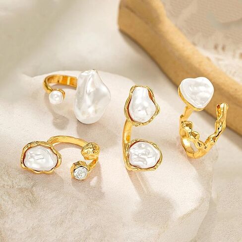 GIGB PBDK Chunky Gold Baroque Pearls Zircon Knuckle Rings Set for Women,Vintage Geometric Heart Pearl Stacked Joint Ring,Statement Party Jewelry Accessory Gifts in Kuwait