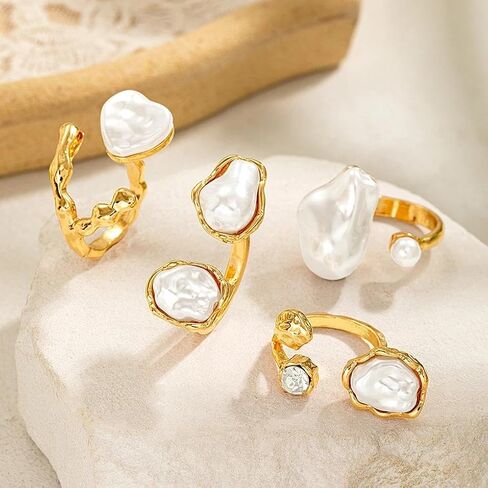 GIGB PBDK Chunky Gold Baroque Pearls Zircon Knuckle Rings Set for Women,Vintage Geometric Heart Pearl Stacked Joint Ring,Statement Party Jewelry Accessory Gifts in Kuwait