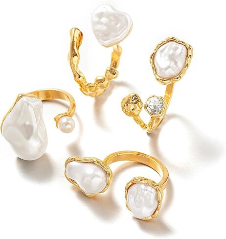 GIGB PBDK Chunky Gold Baroque Pearls Zircon Knuckle Rings Set for Women,Vintage Geometric Heart Pearl Stacked Joint Ring,Statement Party Jewelry Accessory Gifts in Kuwait