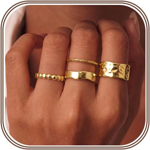 FUNRUN JEWELRY خواتم ذهبية مكتنزة للنساء غير مشوهة خواتم فضية أنيقة قابلة للتكديس 14 قيراط مطلية بالذهب مجموعة خواتم الإبهام العصرية بيان وعد خاتم الزفاف مقاس 5-11 in Kuwait
