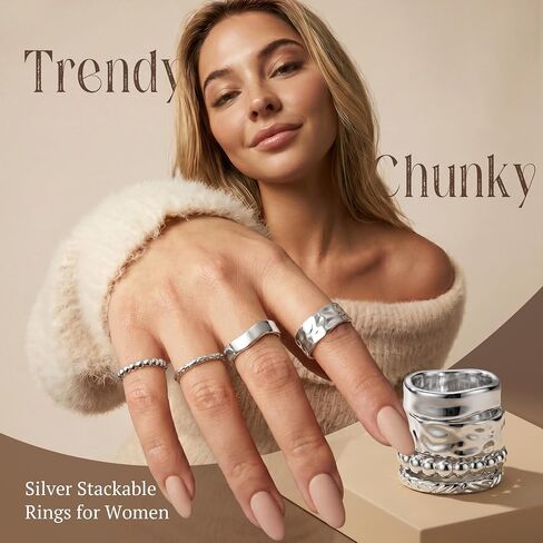 FUNRUN JEWELRY Chunky Gold Rings for Women Non Tarnish Dainty Stackable Silver Rings 14K Gold Plated Stacking Thumb Rings Set Trendy Statement Promise Wedding Band Ring Size 5-11 in Saudi Arabia