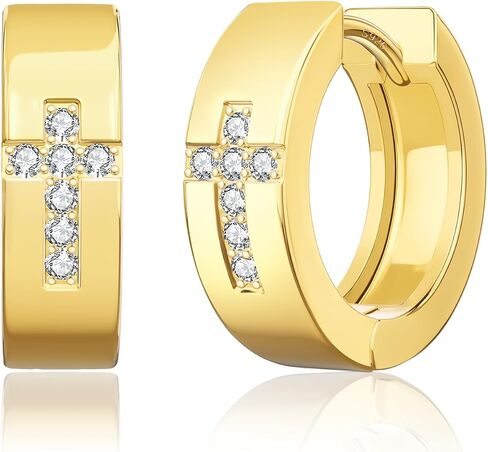 KRKC&CO Hoop Earrings Men with Cross, Black and Silver 14K Gold Plating Cubic Zirconia Earring, 925 Sterling Silver, Hypoallergenic Jewelry, Arete Negro de Hombre, Gift for Him Father in Kuwait