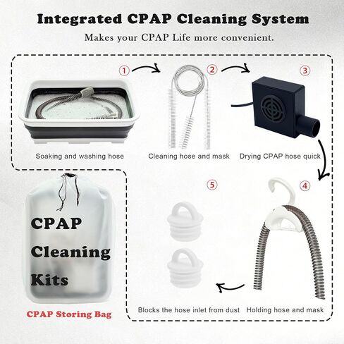 CPAP Cleaning Kit with Hose Dryer for Universal 22mm Tubing, Cpap Cleaner Supplies Includes Collapsible Wash Basin, Hose & Mask Brush, CPAP Holder & Hose End Caps | Make Cpap Cleaning Easier in Saudi Arabia