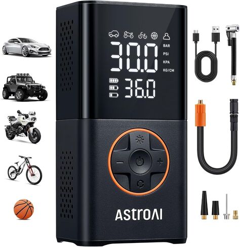 AstroAI Tire Inflator L7S Portable Air Compressor Cordless Bike Pump with Digital Dual Values Display, 150 PSI Car Tires Pump with LED Lights Air Pump for Cars, Motorcycles, Bikes, Balls in Kuwait