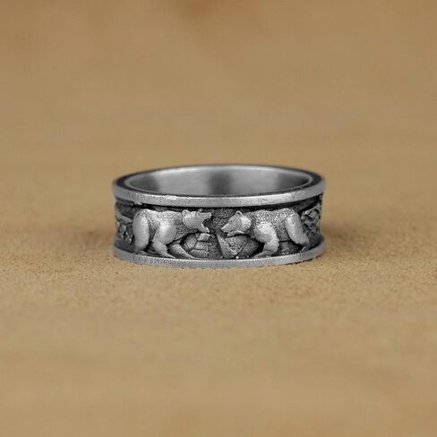 Scandinavian Bear Unique Silver Band Ring, Nature Men Wedding Band Ring, Sterling Silver Wedding Jewelry, Nordic Animal Ring, Birthday Gifts in Saudi Arabia