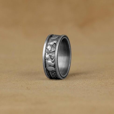 Scandinavian Bear Unique Silver Band Ring, Nature Men Wedding Band Ring, Sterling Silver Wedding Jewelry, Nordic Animal Ring, Birthday Gifts in Saudi Arabia