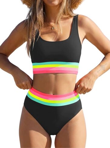 popvil Womens High Waisted Bikini Sets Two Piece Neon Tummy Control Swimsuit 2026 Sporty Rainbow Bathing Suit in Kuwait