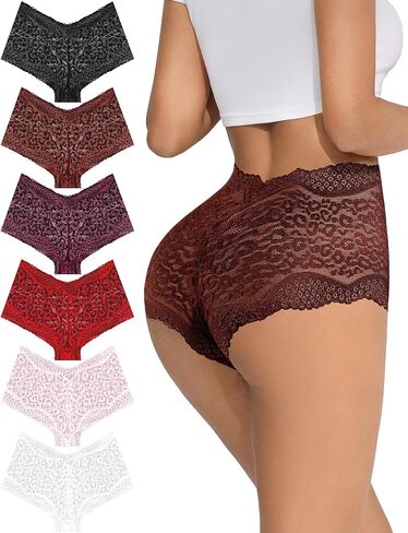 ASIMOON Sexy Lace Underwear Womens High Waisted No Show Boyshorts V Waist Panties Soft Lightweight Ladies Briefs 6 Pack in Saudi Arabia