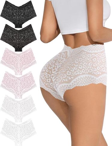 ASIMOON Sexy Lace Underwear Womens High Waisted No Show Boyshorts V Waist Panties Soft Lightweight Ladies Briefs 6 Pack in Saudi Arabia