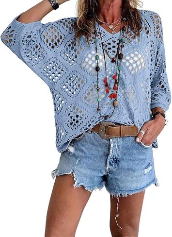 Womens Crochet Cover Up Top V Neck Short Sleeve Hollow Out Knit Beach Sweater Shirt Bikini Swimsuit Coverups in Saudi Arabia