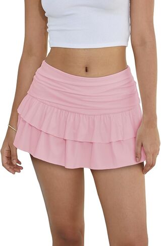 Women's Layered Ruffle Mini Skort Skirt, Low Waist Soft Sexy Cute Y2K Stretchy Skirts with Shorts Underneath in Saudi Arabia