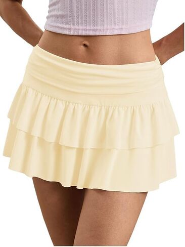 Women's Layered Ruffle Mini Skort Skirt, Low Waist Soft Sexy Cute Y2K Stretchy Skirts with Shorts Underneath in Saudi Arabia