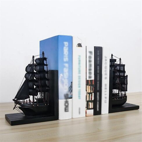 Bookend Support Handmade Book Ends Decorative Bookends for Heavy Books Office Sailboat Model Decorations Bookends(Black) in Saudi Arabia