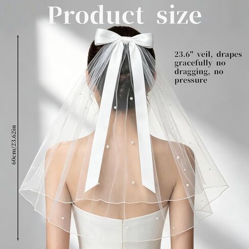 White Bridal Veil for Bride, 24 Inch Short Wedding Veil with Bow & Pearls, Elegant Tulle Comb Hold Bridal to Be Shower Gift for Bachelorette Party Bridesmaid Women Girls in Saudi Arabia