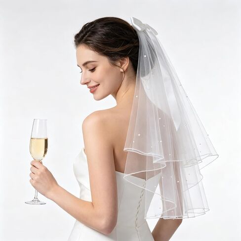 White Bridal Veil for Bride, 24 Inch Short Wedding Veil with Bow & Pearls, Elegant Tulle Comb Hold Bridal to Be Shower Gift for Bachelorette Party Bridesmaid Women Girls in Saudi Arabia