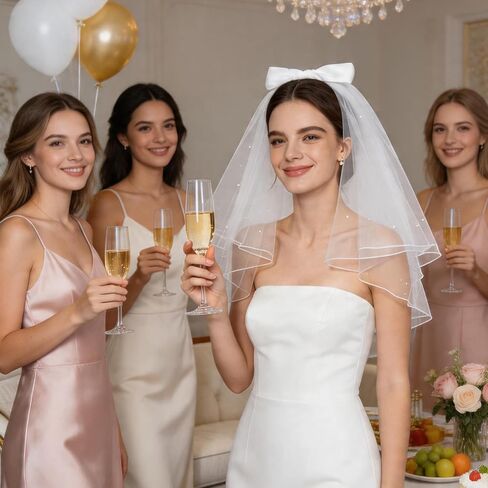 White Bridal Veil for Bride, 24 Inch Short Wedding Veil with Bow & Pearls, Elegant Tulle Comb Hold Bridal to Be Shower Gift for Bachelorette Party Bridesmaid Women Girls in Saudi Arabia