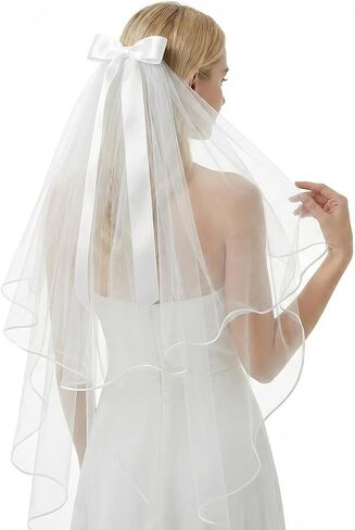 Grevosea Bridal Veil Short 2-Tier with Satin Bow, White Wedding Veil for Bride Bachelorette Party Bridal Shower Engagement in Kuwait