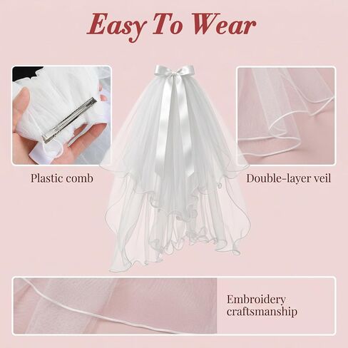 Grevosea Bridal Veil Short 2-Tier with Satin Bow, White Wedding Veil for Bride Bachelorette Party Bridal Shower Engagement in Kuwait