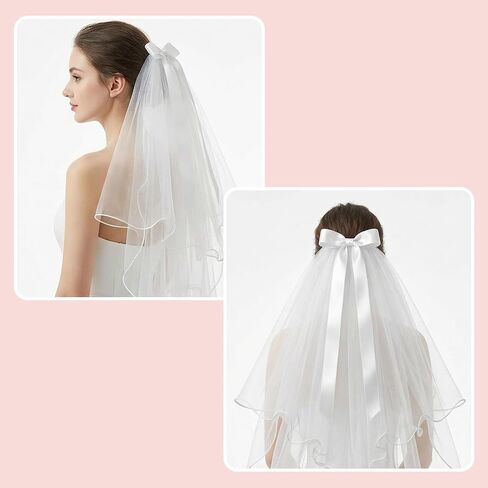 Grevosea Bridal Veil Short 2-Tier with Satin Bow, White Wedding Veil for Bride Bachelorette Party Bridal Shower Engagement in Kuwait