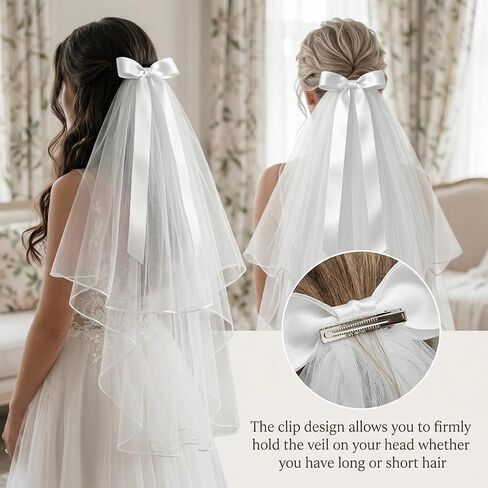 Grevosea Bridal Veil Short 2-Tier with Satin Bow, White Wedding Veil for Bride Bachelorette Party Bridal Shower Engagement in Kuwait