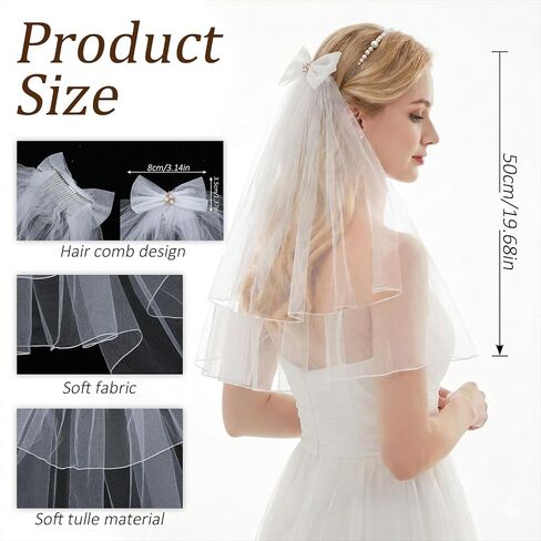White Short Wedding Veil, Bride Veil Pearl Bride Veils with Bow 20''Short White Bachelorette Veils Wedding Accessories in Kuwait