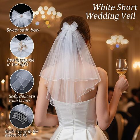 White Short Wedding Veil, Bride Veil Pearl Bride Veils with Bow 20''Short White Bachelorette Veils Wedding Accessories in Kuwait