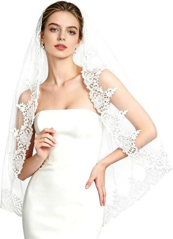 Bridal Lace Veil 1 Tier Fingertip Length with Metal Comb, Floral Applique Pearl Soft Tulle for Wedding Brides in Saudi Arabia