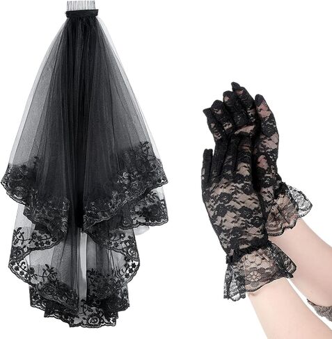 Tucnoeu Black Lace Veil Bridal Embroidered Floral, Halloween Veil with Comb And Gloves, Edge Wedding Veils 2 Tiers, Gothic Veils for Women Brides Wedding Bridal Shower in Kuwait