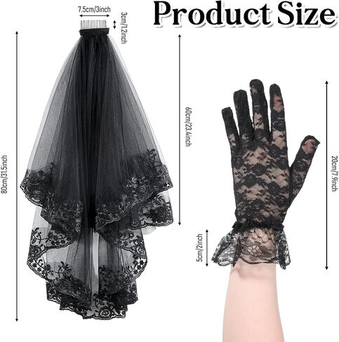 Tucnoeu Black Lace Veil Bridal Embroidered Floral, Halloween Veil with Comb And Gloves, Edge Wedding Veils 2 Tiers, Gothic Veils for Women Brides Wedding Bridal Shower in Kuwait