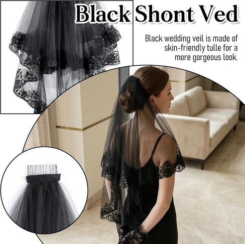 Tucnoeu Black Lace Veil Bridal Embroidered Floral, Halloween Veil with Comb And Gloves, Edge Wedding Veils 2 Tiers, Gothic Veils for Women Brides Wedding Bridal Shower in Kuwait